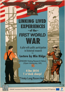 Poster for a talk at Trinity College Dublin with illustrations of a man working in a factory and a soldier in a trench with sandbags and barbed wire