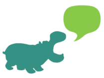 Animated gif of a green cartoon hippopotamus with a speech bubble saying 'feeding the machine'